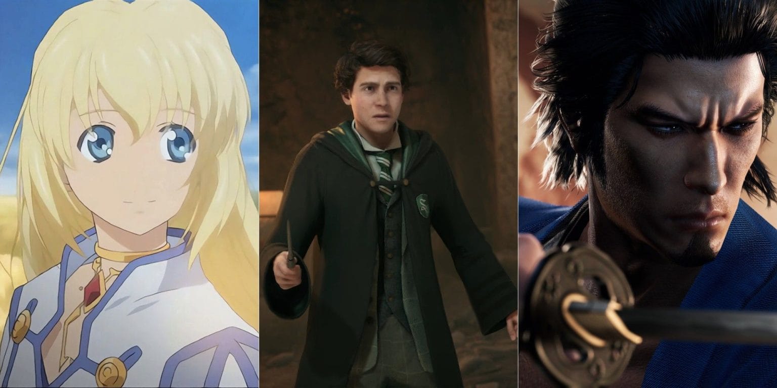 Da esquerda para a direita, personagens principais de Tales of Symphonia Remastered, Hogwarts Legacy e Like A Dragon: Ishin!.